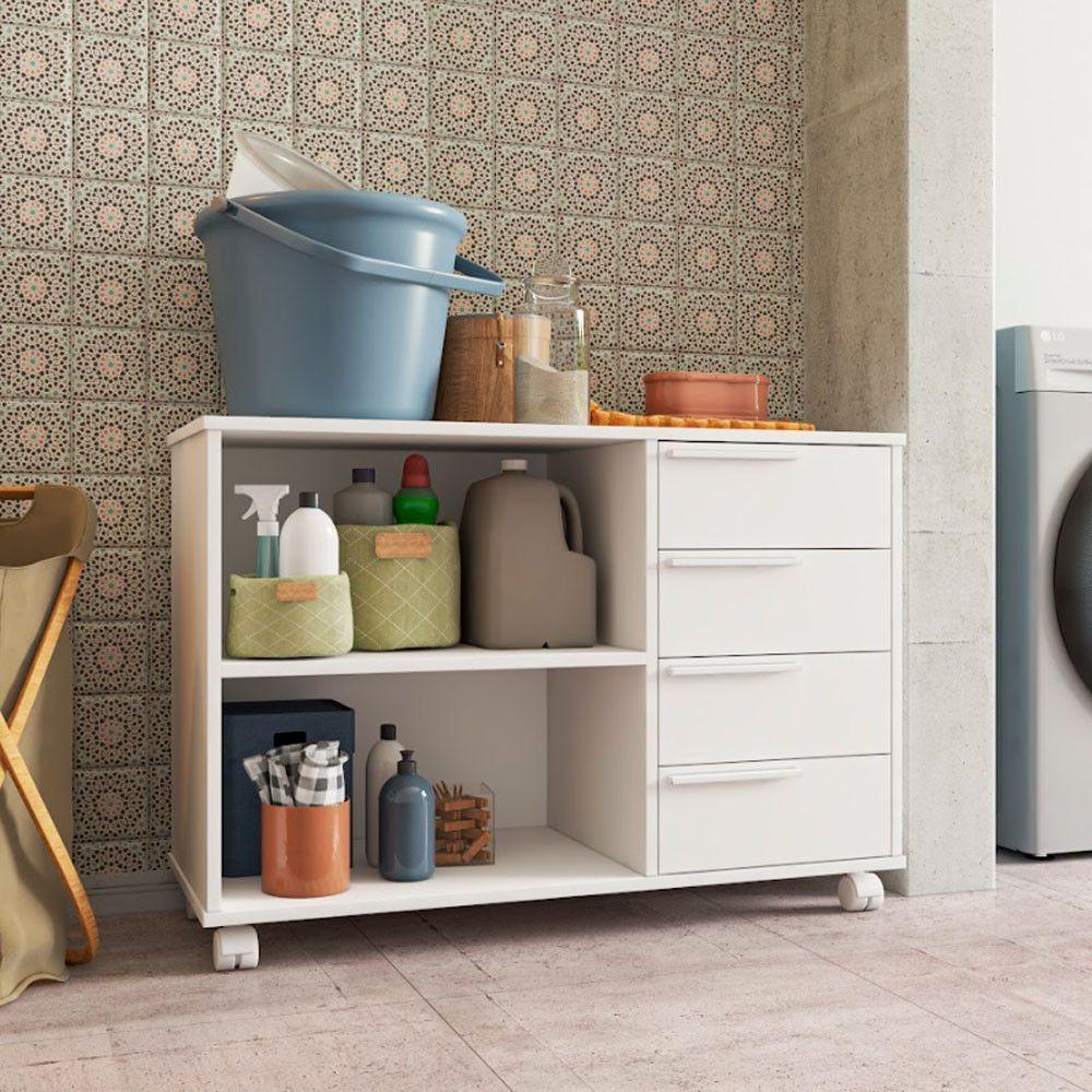 Balcão Em Mdp Com 1 Prateleira 4 Gavetas E 4 Pés Com Rodízio Brv Móveis Branco - 2