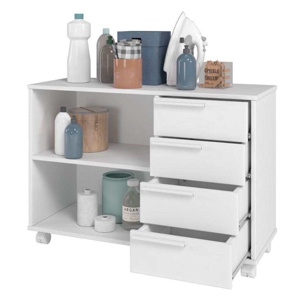 Balcão Em Mdp Com 1 Prateleira 4 Gavetas E 4 Pés Com Rodízio Brv Móveis Branco - 3