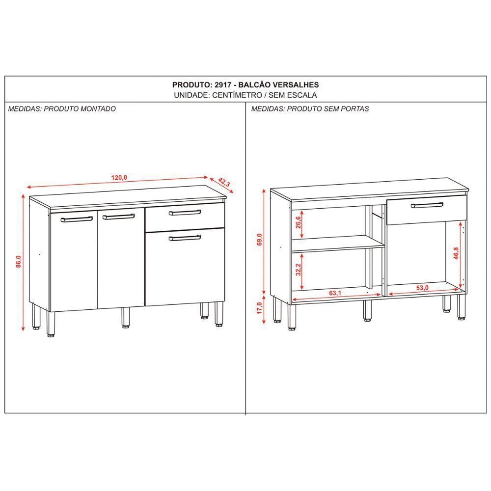 Balcão De Cozinha 120cm 3 Portas 1 Gaveta Off White - 2