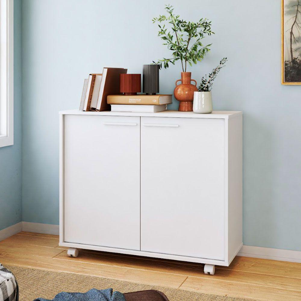 Balcão Em Mdp Com 2 Portas 2 Prateleiras E 4 Pés Com Rodízios Brv Móveis Branco - 3