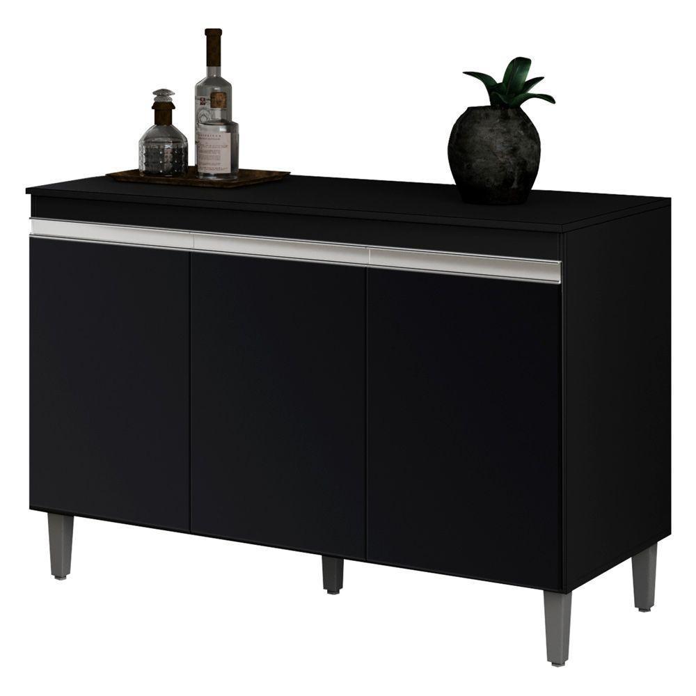 Balcão Buffet Gabinete Manu 120cm C/ Tampo 3 Portas Preto - 1