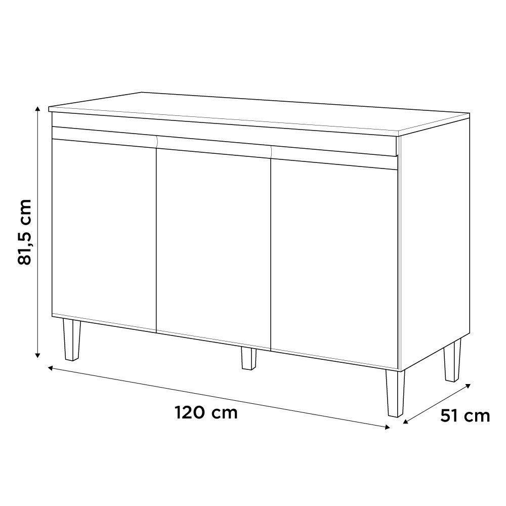 Balcão Buffet Gabinete Manu 120cm C/ Tampo 3 Portas Preto - 3