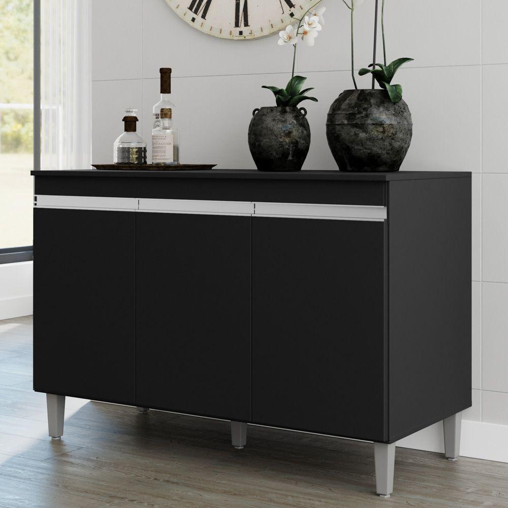 Balcão Buffet Gabinete Manu 120cm C/ Tampo 3 Portas Preto - 5