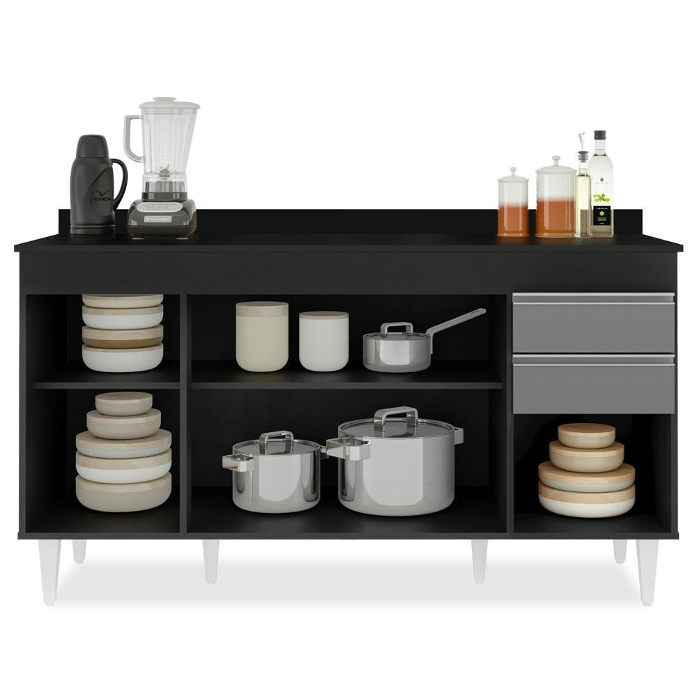 Balcão Gabinete Com Tampo 150Cm Marrocos Preto/Cinza - Lumil - 4