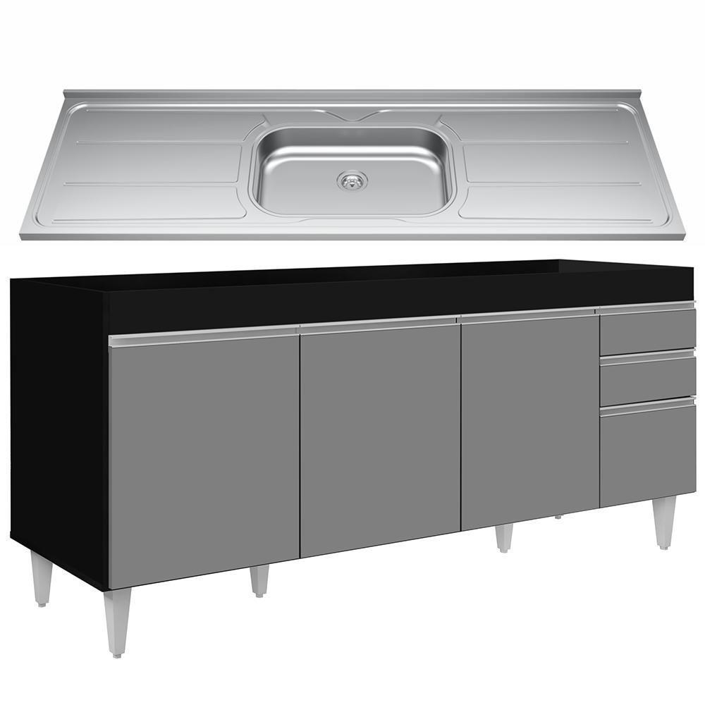 Balcão Gabinete Com Pia 180Cm Dallas Preto/Cinza - Lumil - 1