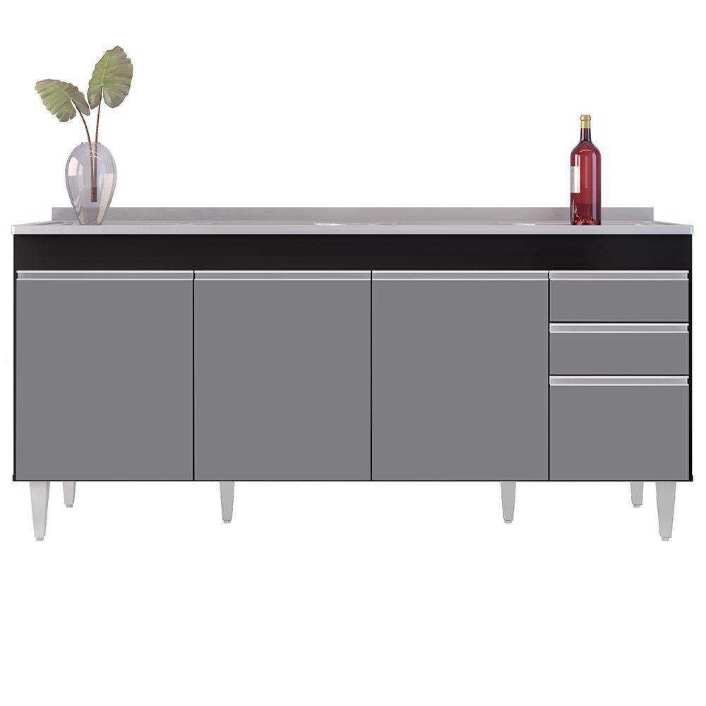 Balcão Gabinete Com Pia 180Cm Dallas Preto/Cinza - Lumil - 2