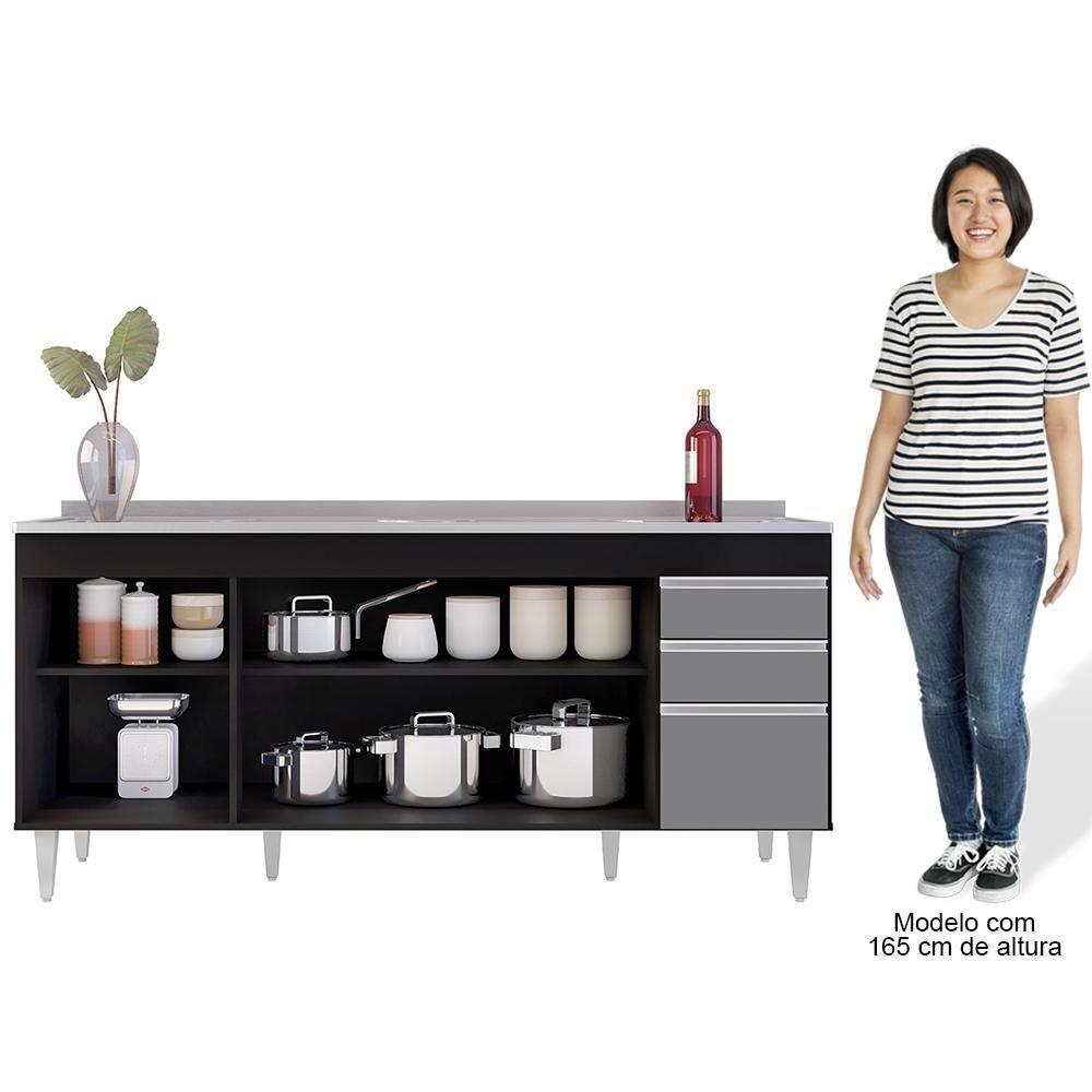 Balcão Gabinete Com Pia 180Cm Dallas Preto/Cinza - Lumil - 4