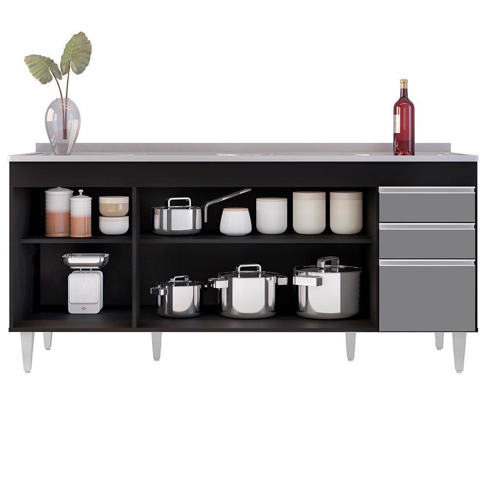 Balcão Gabinete Com Pia 180Cm Dallas Preto/Cinza - Lumil - 6