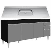 Balcão Gabinete Com Pia 180Cm Dallas Preto/Cinza - Lumil - 1