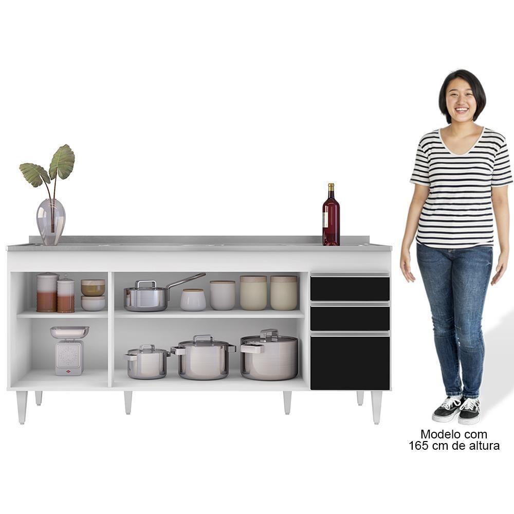 Balcão Gabinete Com Pia 180Cm Dallas Branco/Preto - Lumil - 4