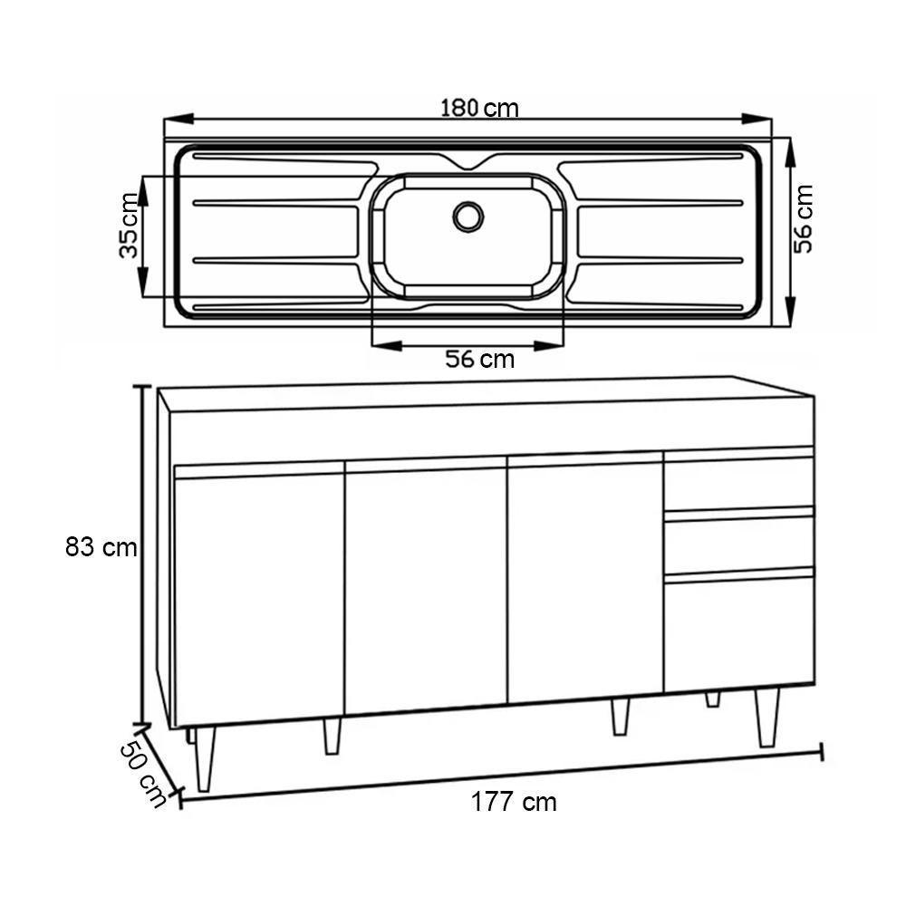 Balcão Gabinete Com Pia 180Cm Dallas Branco/Preto - Lumil - 5