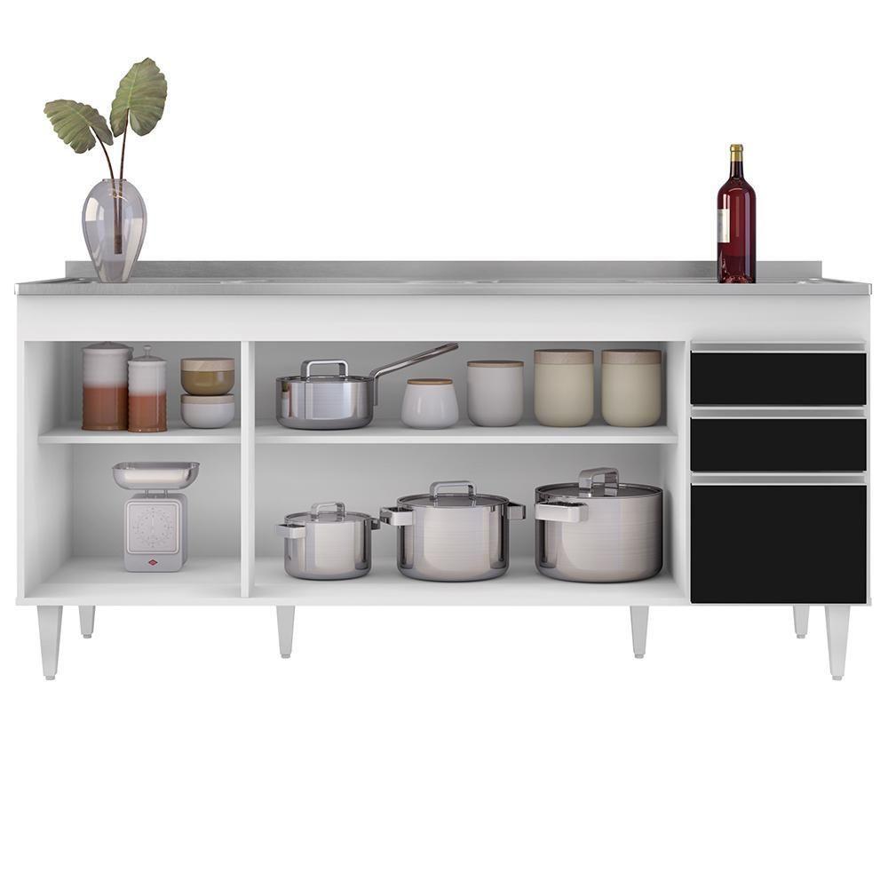 Balcão Gabinete Com Pia 180Cm Dallas Branco/Preto - Lumil - 6
