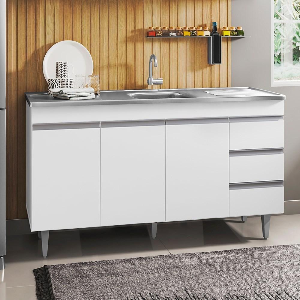 Balcão Gabinete Com Pia Inox 150Cm 3 Portas Andréia Branco - 4