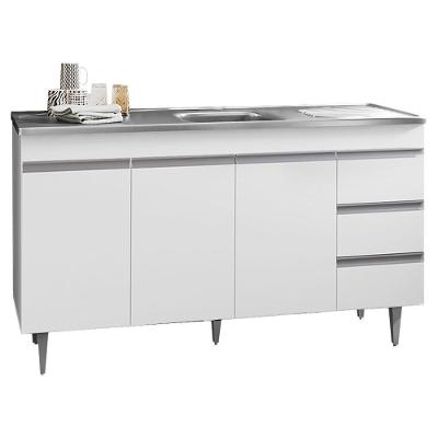 Balcão Gabinete Com Pia Inox 150Cm 3 Portas Andréia Branco