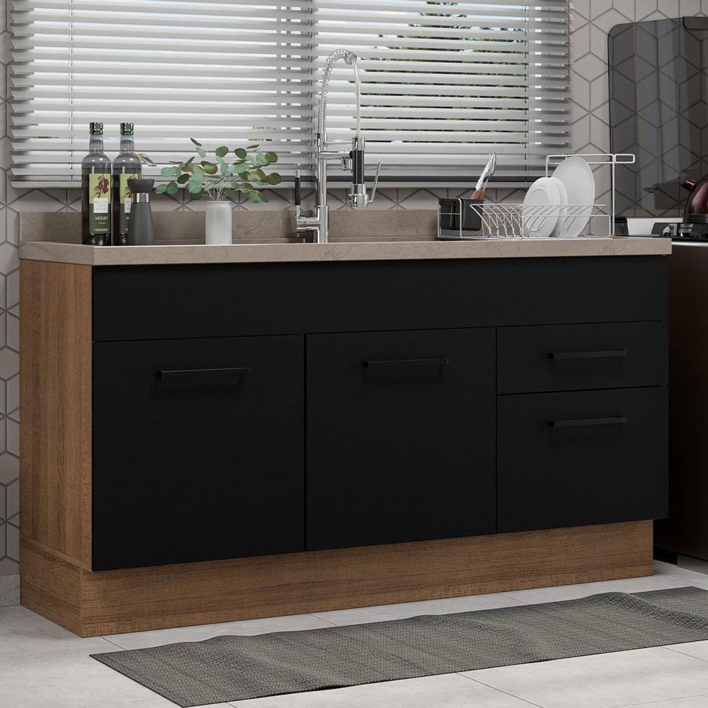 Balcão Gabinete De Pia Madesa Agata 150 Cm 2 Portas E 2 Gavetas (sem Tampo E Pia) - Rustic/preto Rustic/preto - 1