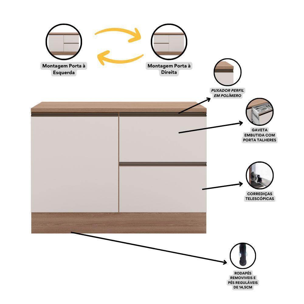 Balcão Com Tampo 120cm 1 Porta 3 Gavetas Etna Poliman Carvalho Oak E Off White - 5