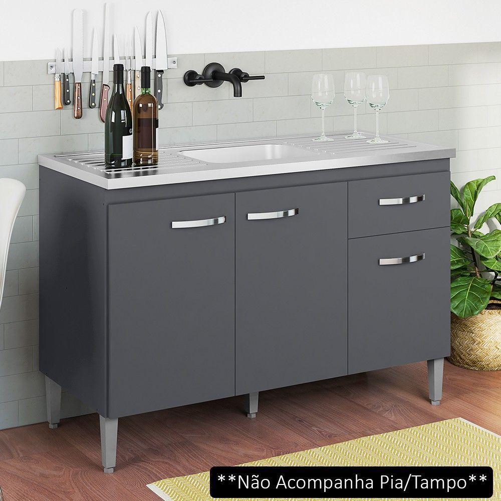 Balcão Gabinete Para Pia Sem Tampo 120cm 3 Portas E 1 Gaveta Gabriela Cinza - Ajl Móveis - 2