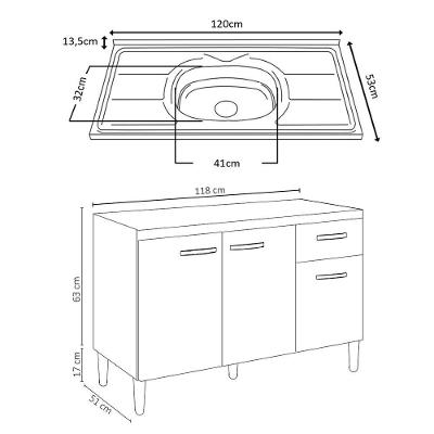 Balcão Gabinete Com Pia Inox 120cm 3 Portas E 1 Gaveta Gabriela Cinza - Ajl Móveis