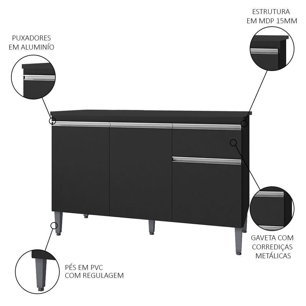Balcão Gabinete Para Pia Com Tampo 120cm 3 Portas E 1 Gaveta Tatiane Preto - Ajl Móveis - 3