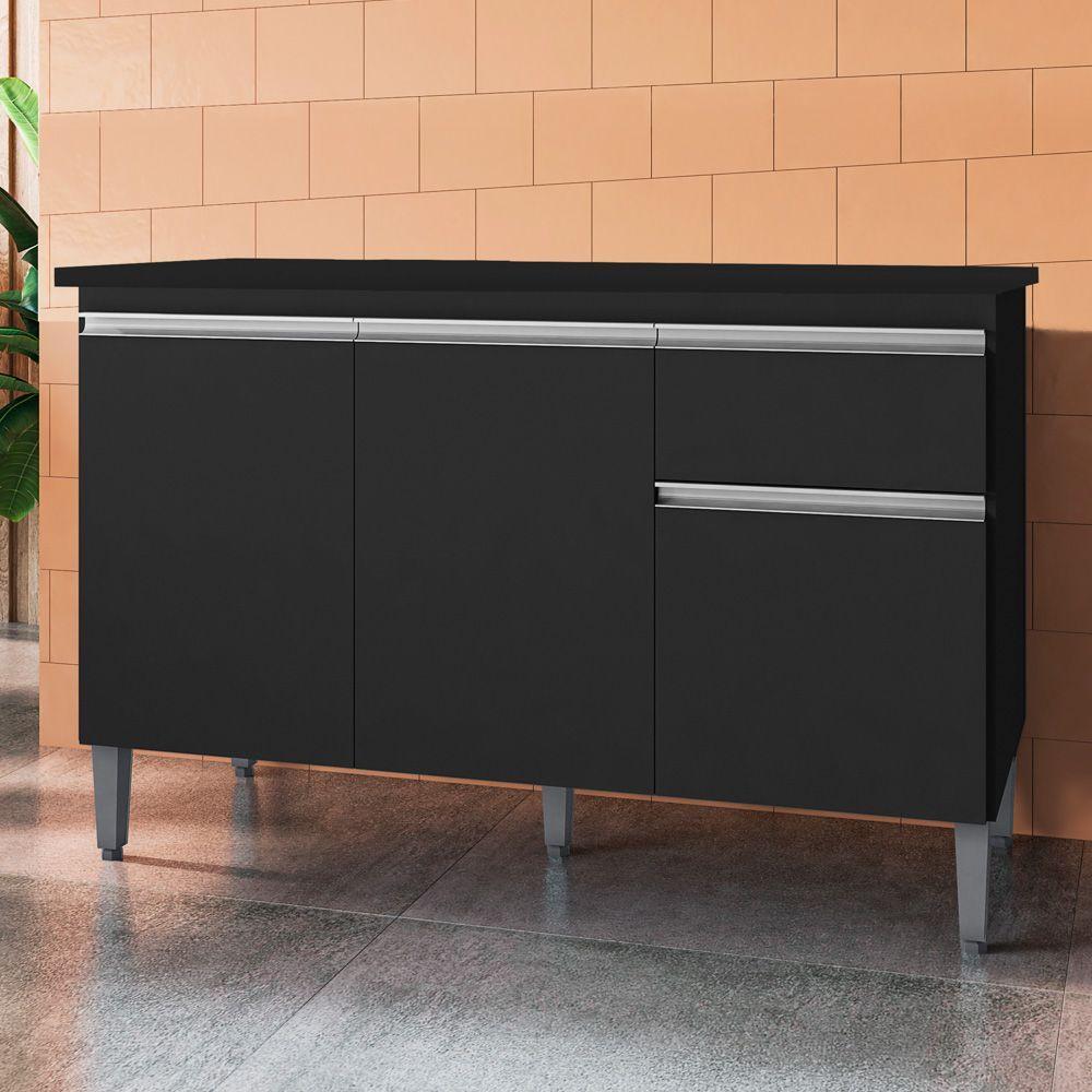 Balcão Gabinete Para Pia Com Tampo 120cm 3 Portas E 1 Gaveta Tatiane Preto - Ajl Móveis - 5