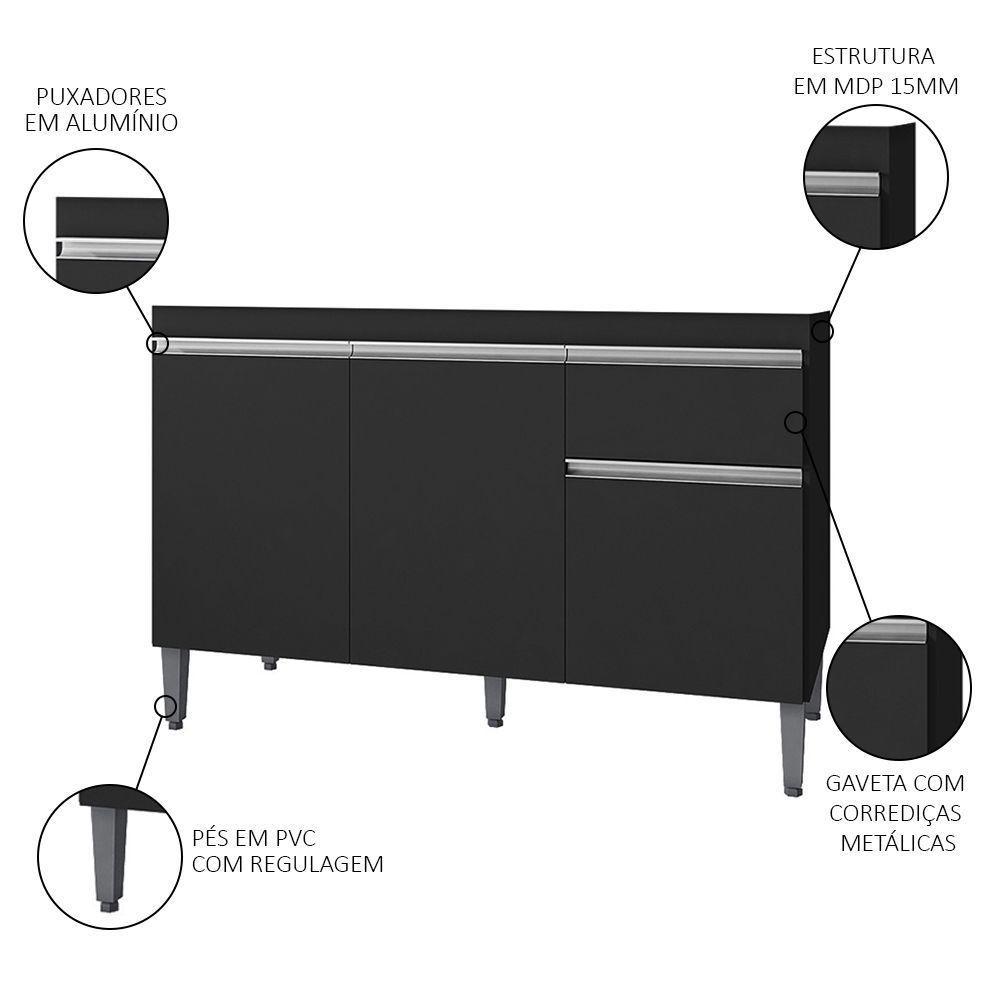 Balcão Gabinete Para Pia Sem Tampo 120cm 3 Portas E 1 Gaveta Tatiane Preto - Ajl Móveis - 2
