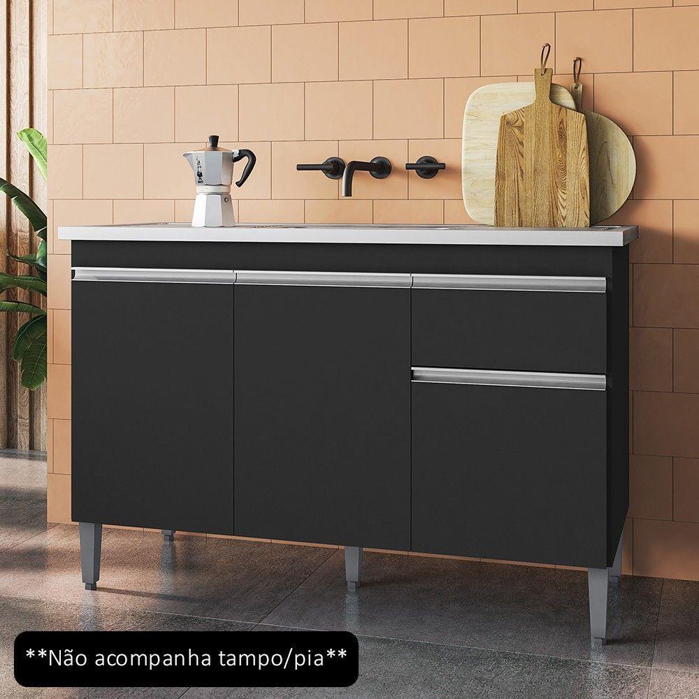 Balcão Gabinete Para Pia Sem Tampo 120cm 3 Portas E 1 Gaveta Tatiane Preto - Ajl Móveis - 4