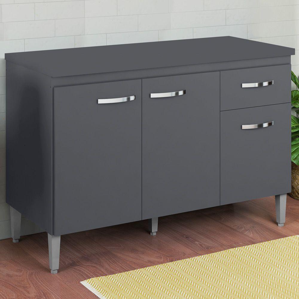 Balcão Gabinete Para Pia Com Tampo 120cm 3 Portas E 1 Gaveta Gabriela Cinza - Ajl Móveis - 5