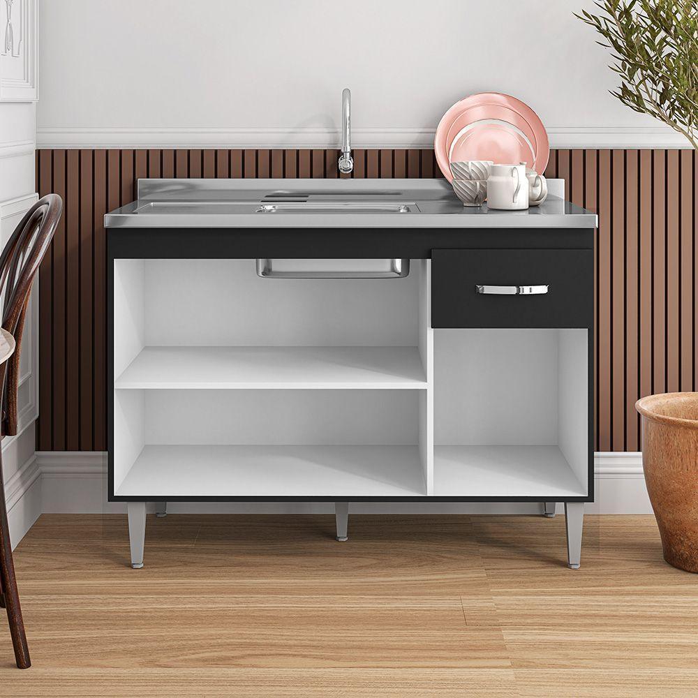 Balcão Para Pia Gabriela Sem Tampo 120Cm 3 Portas 1 Gaveta - Ajl Móveis Cor Preto - 2