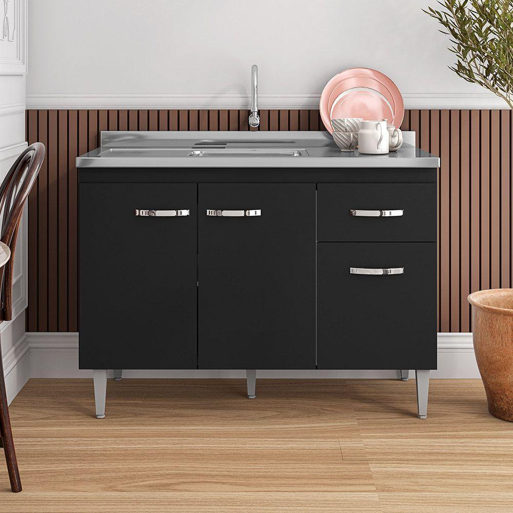 Balcão Para Pia Gabriela Sem Tampo 120Cm 3 Portas 1 Gaveta - Ajl Móveis Cor Preto - 3