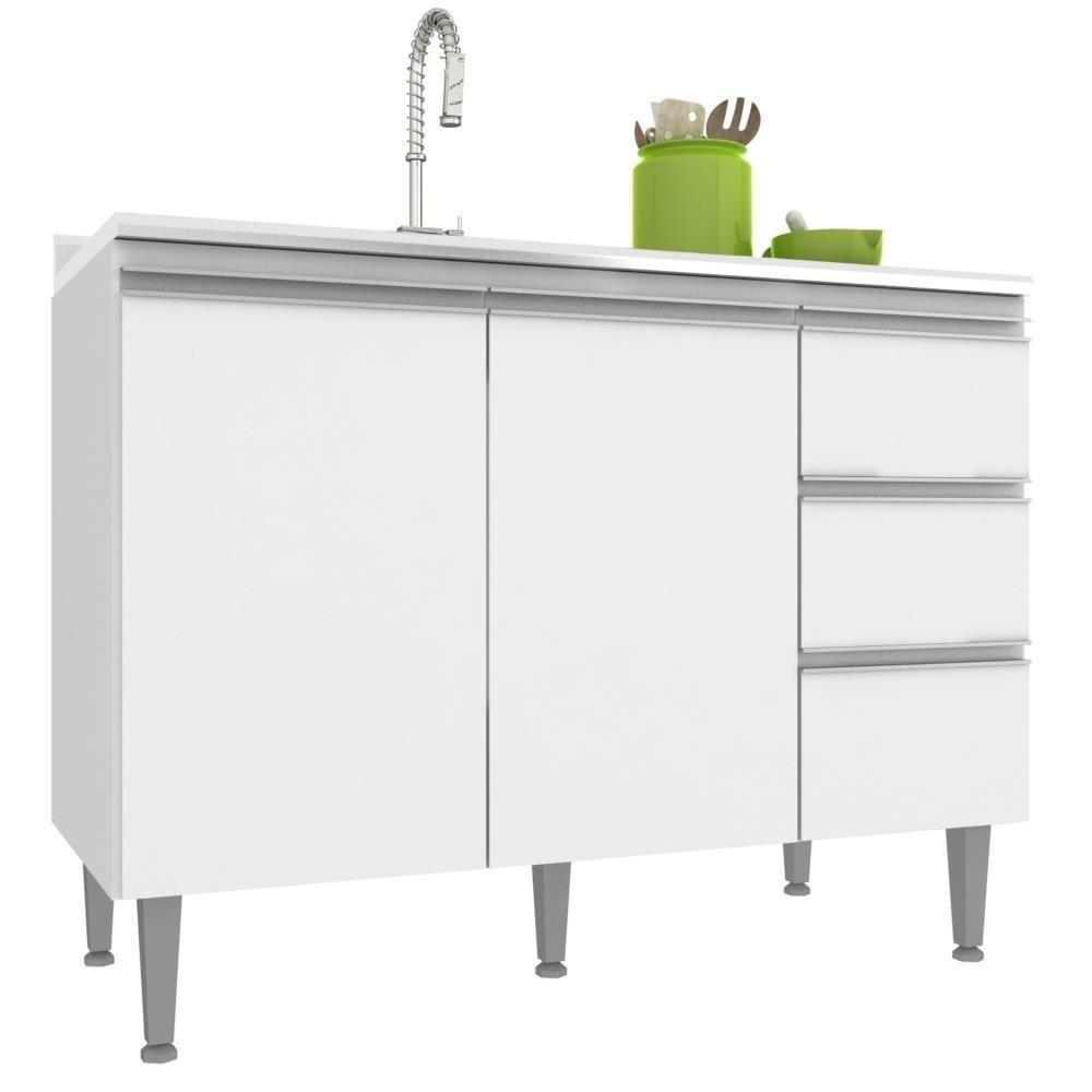 Balcão Pia Athena 120cm 2 Portas 3 Gavetas Branco Novo Tempo - 1