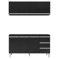 Balcão Gabinete 160cm 3 Portas E Armário Aéreo Preto - 1
