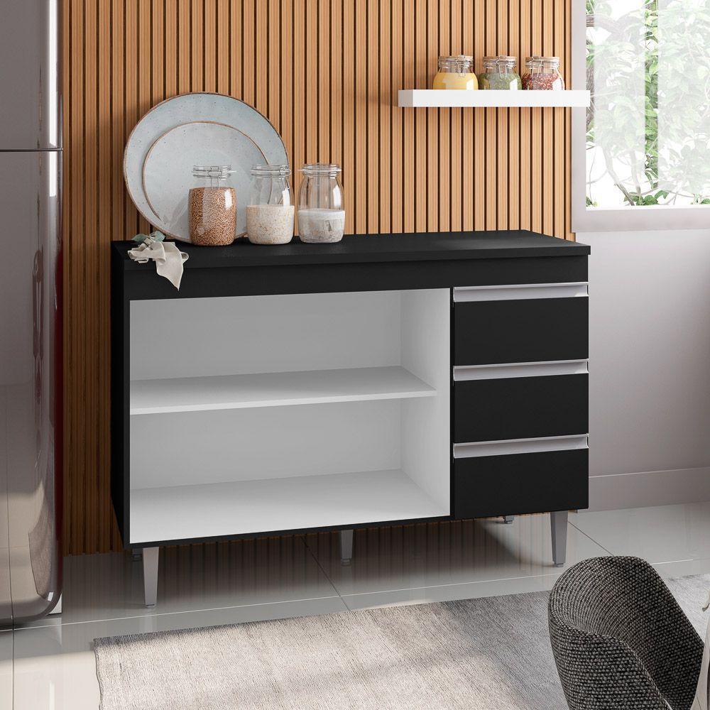 Balcão Gabinete Cozinha 100cm Com Tampo 2 Portas Preto - 3