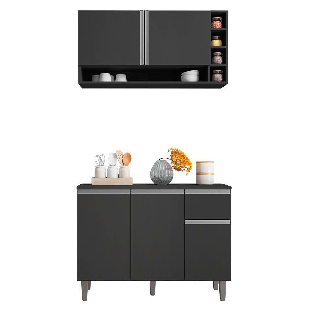 Balcão Gabinete De Cozinha E Armário Aéreo Vanessa Cinza Escuro - Desk Design - 1