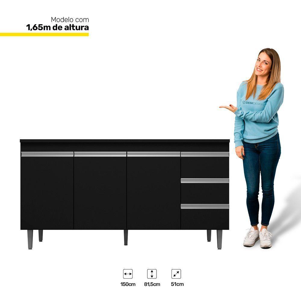 Balcão Gabinete Cozinha 150cm Com Tampo 3 Portas Preto - 2
