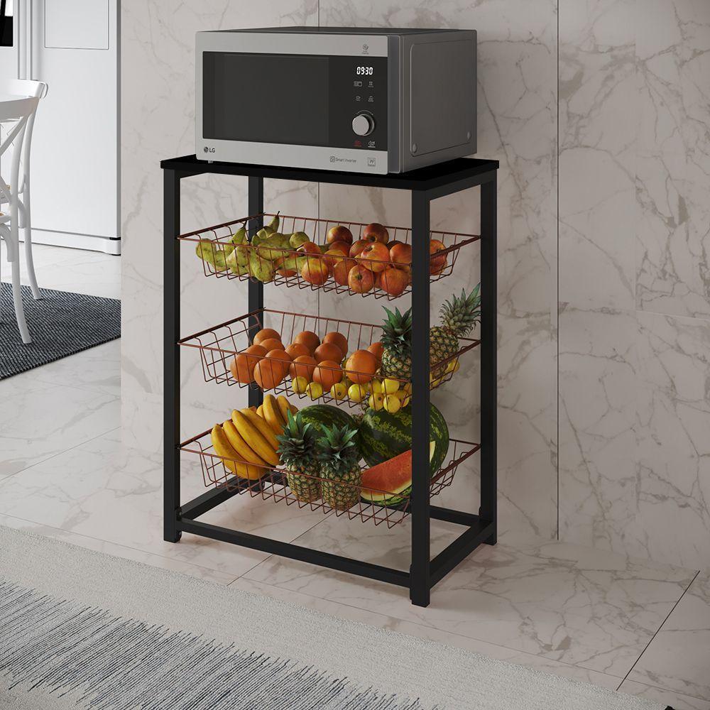Fruteira Com Suporte Para Micro-Ondas Barcelona Aço Preto Cesto Cobre Tampo Preto - Cor: Preto - 1