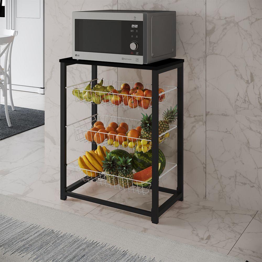 Fruteira Com Suporte Para Micro-Ondas Barcelona Aço Preto Cesto Branco Tampo Preto - Cor: Branco - 1