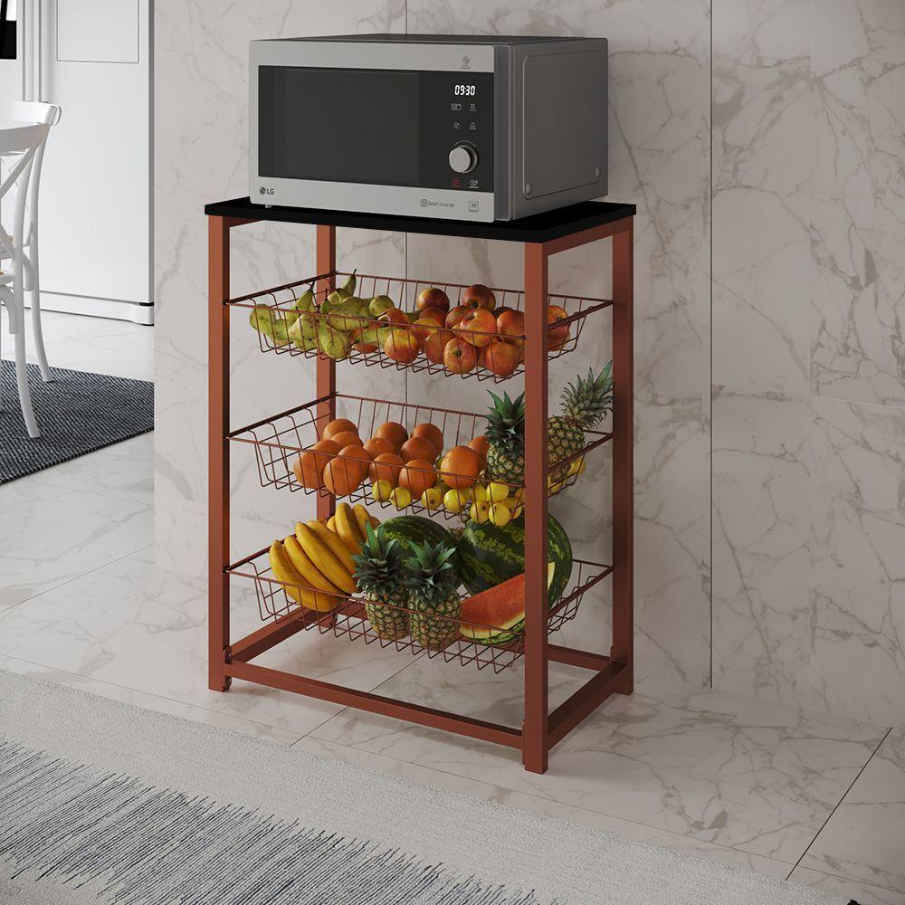 Fruteira Com Suporte Para Micro-Ondas Barcelona Aço Cobre Cesto Cobre Tampo Preto - Cor: Marrom - 1