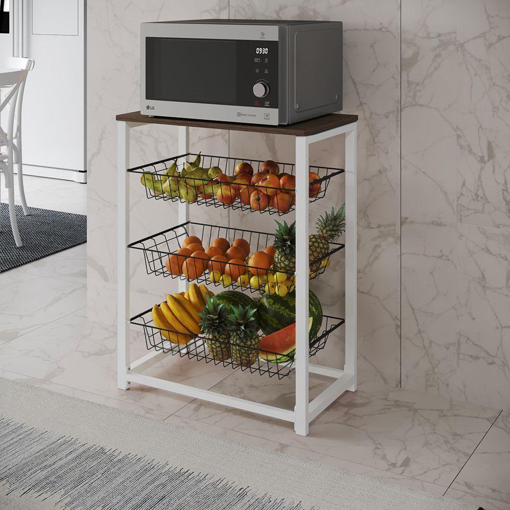 Fruteira Com Suporte Para Micro-Ondas Barcelona Aço Branco Cesto Preto Tampo Amêndoa - Cor: Marrom - 1