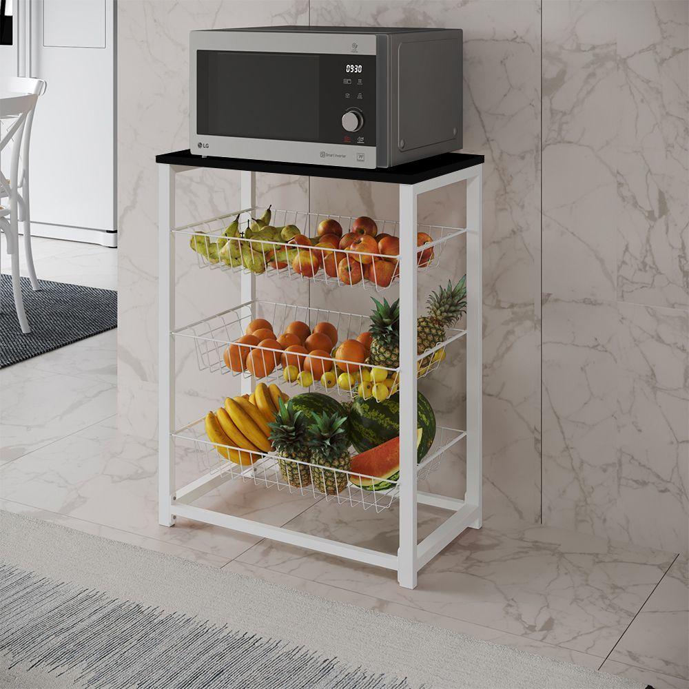 Fruteira Com Suporte Para Micro-Ondas Barcelona Aço Branco Cesto Branco Tampo Preto - Cor: Marrom - 1