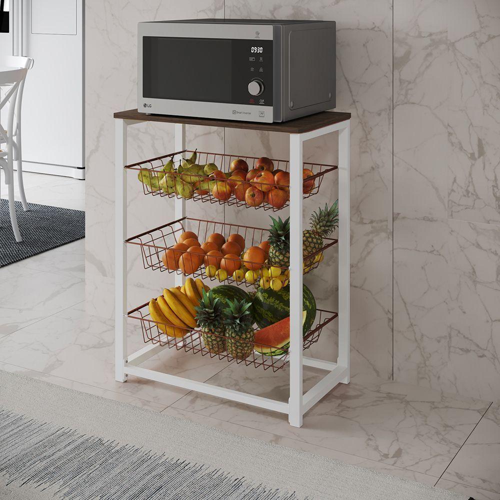 Fruteira Com Suporte Para Micro-Ondas Barcelona Aço Branco Cesto Cobre Tampo Amêndoa - Cor: Marrom - 1