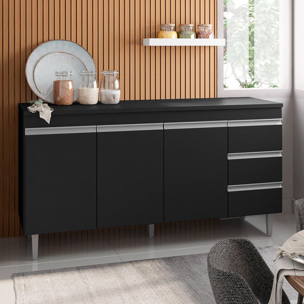 Balcão Gabinete Cozinha 150Cm Com Tampo 3 Portas Preto - 4