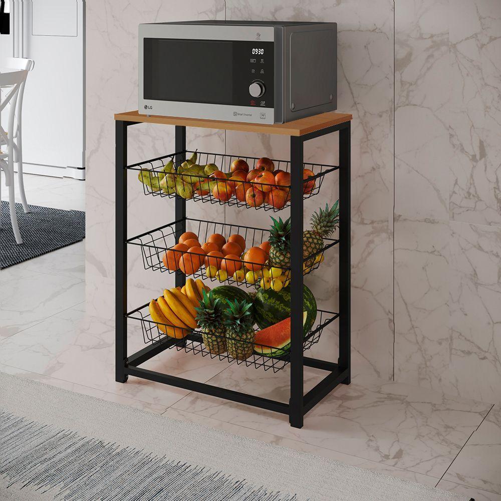 Fruteira Com Suporte Para Micro-Ondas Barcelona Aço Preto Cesto Preto Tampo Canela - Cor: Marrom - 1