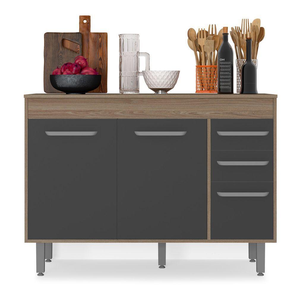 Balcão Com 3 Portas E 2 Gavetas Sem Tampo Barcelona Cor Carvalho Oak Grafite Poliman Móveis - 1