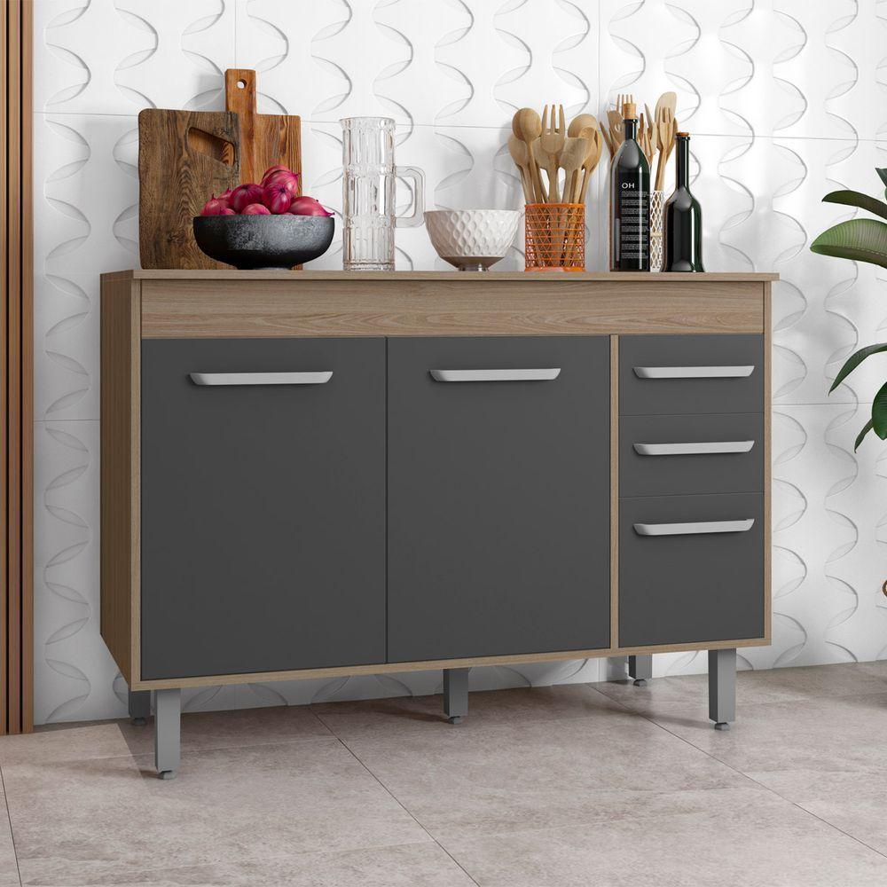 Balcão Com 3 Portas E 2 Gavetas Sem Tampo Barcelona Cor Carvalho Oak Grafite Poliman Móveis - 4