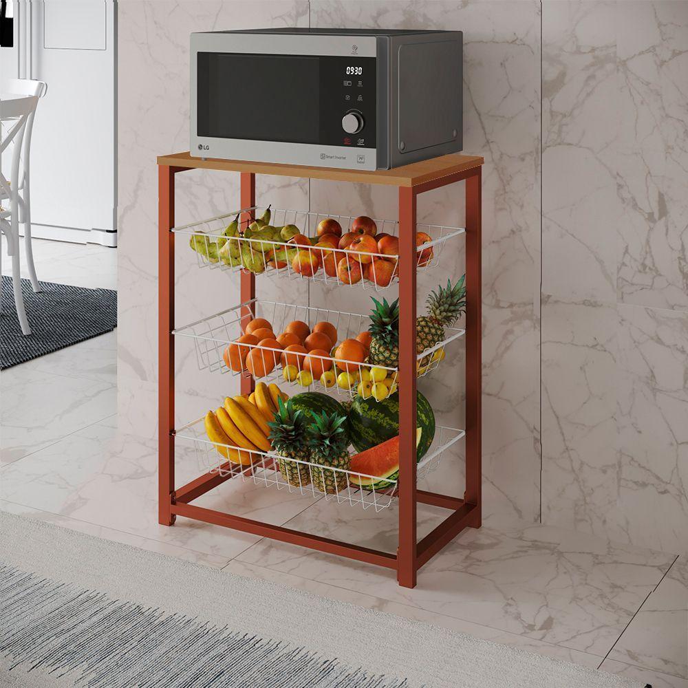 Fruteira Com Suporte Para Micro-Ondas Barcelona Aço Cobre Cesto Branco Tampo Canela - Cor: Marrom - 1