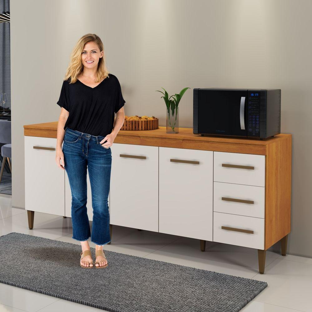 Balcão Atenas 4 Portas E 3 Gavetas Kaiki Moveis Nature/Off White. - 2