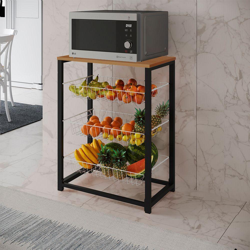 Fruteira Com Suporte Para Micro-Ondas Barcelona Aço Preto Cesto Branco Tampo Canela Cor: Canela - 1