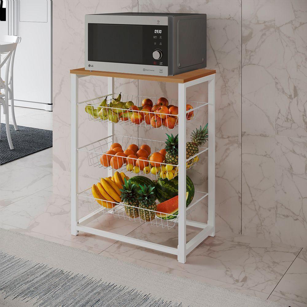 Fruteira Com Suporte Para Micro-Ondas Barcelona Aço Branco Cesto Branco Tampo Canela Cor: Branco - 1