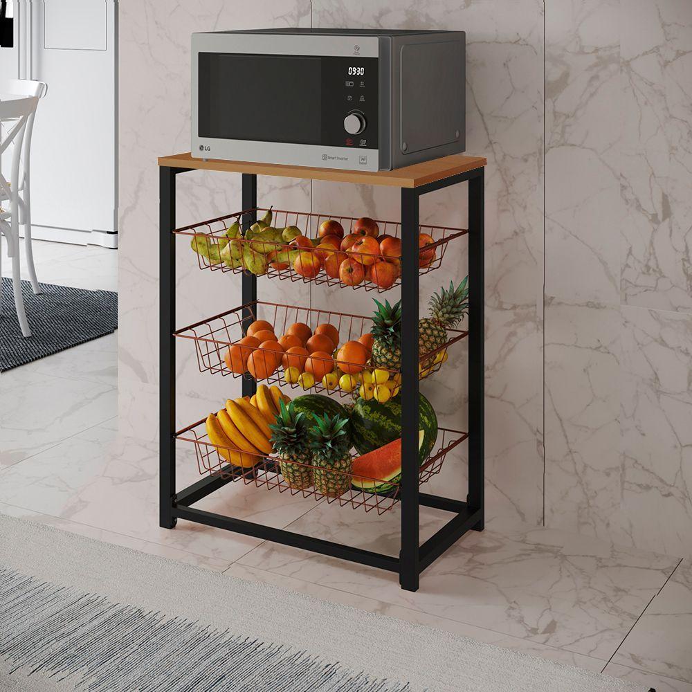 Fruteira Com Suporte Para Micro-Ondas Barcelona Aço Preto Cesto Cobre Tampo Canela Cor: Canela - 1