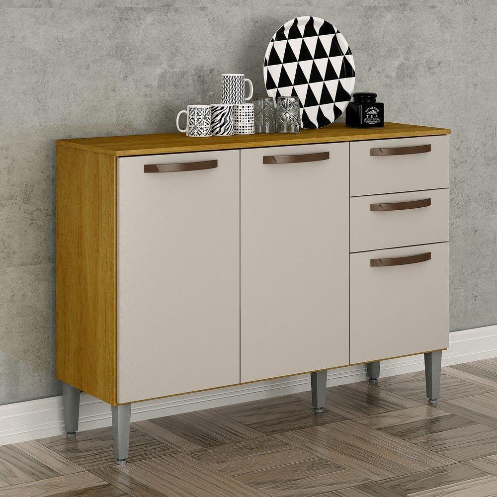 Balcão 3 Portas 2 Gavetas Maísa Chf Móveis Cinamomo/Off White. - 2